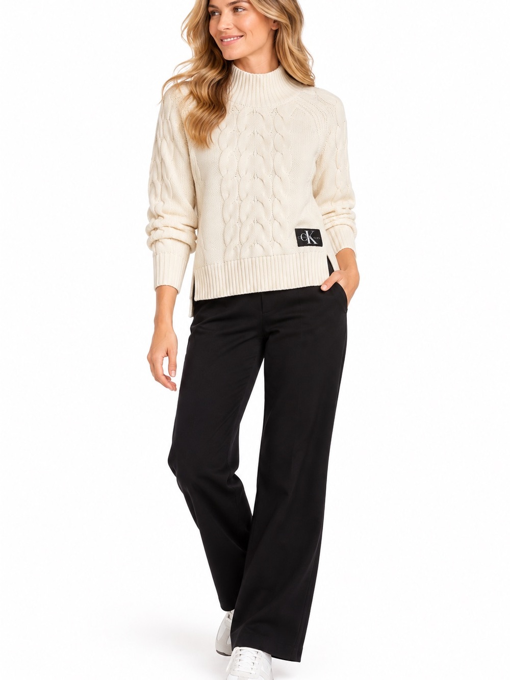 Calvin Klein Jeans Cream Cable Knit Mock Neck Sweater Size Medium